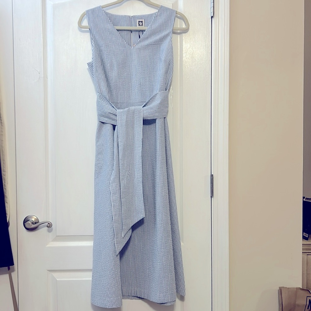 Anne Klein Light Blue and White Striped Midi Dress